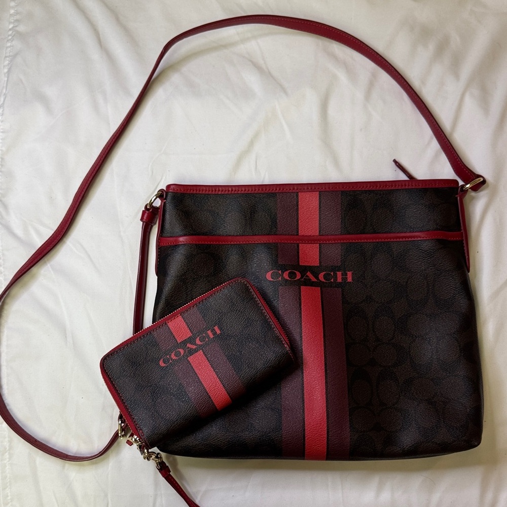 Coach Signature Monogram Crossbody Bag‎ and Wallet Set Brown Red Stripe